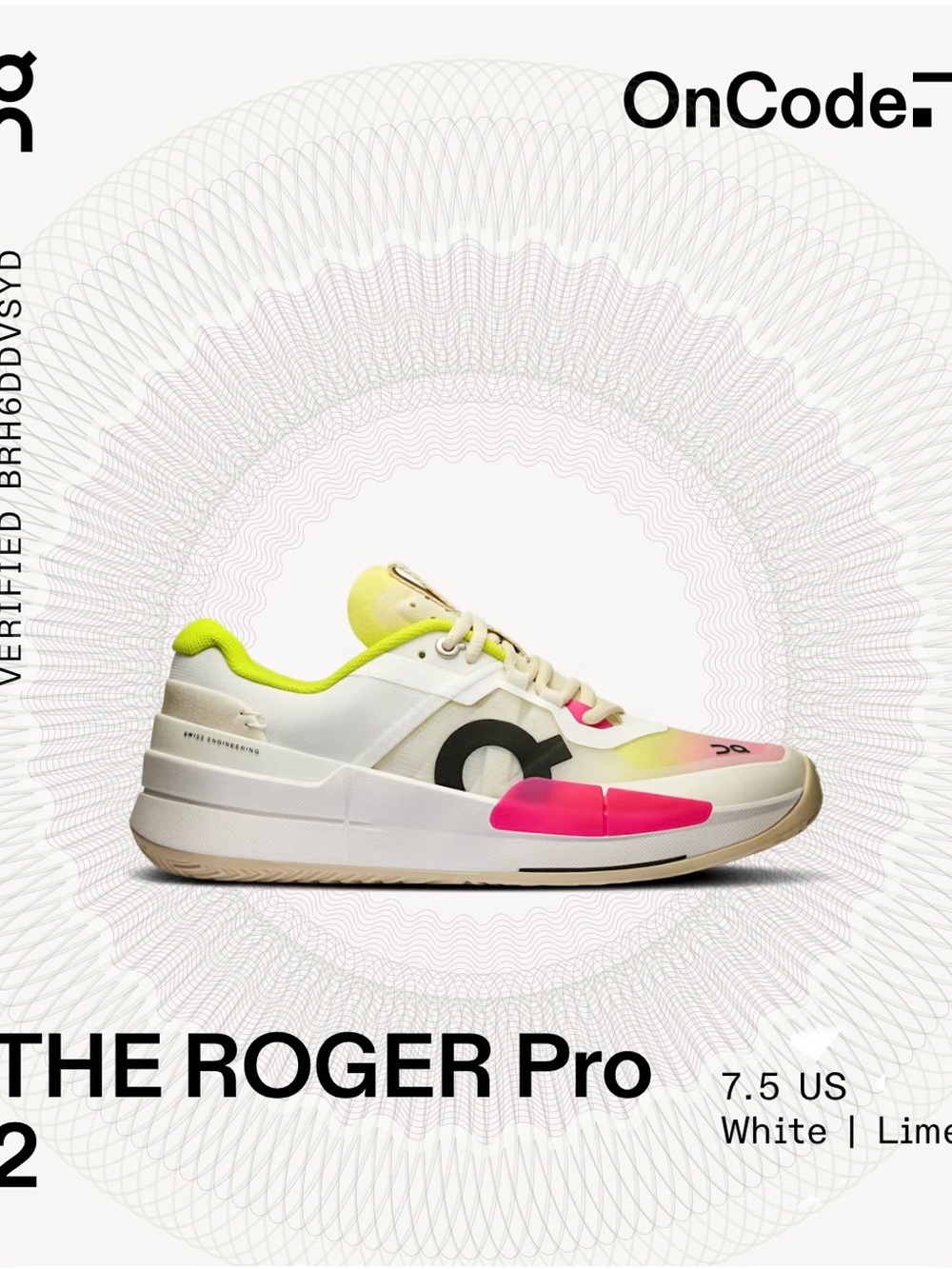 ON Code The Rodger Pro 2 , Sz 7-1/2 , White / Lime / Pink